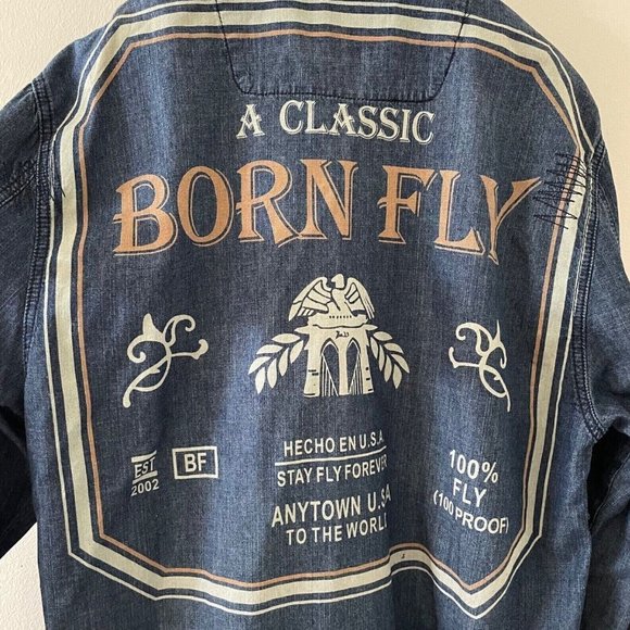 Vintage Men Denim Shirt Long Sleeve Jean Classic Born Fly Embroidered Patch 2XL - Picture 6 of 10